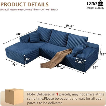 Sectional Couches for Living Room Cloud Couch Sofa with L-Shape Couch in a Box Upholstered Boneless Couchs Modern Modular Sectional Couch with Chaise (Blue,B-3 Seater-Left-Facing Chaise-96 inch)