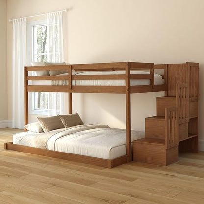 Grain & Grove Bear Twin Over Full Low Bunk Bed with Staircase, Solid Guardrails, Reversible Stairs, Engineered Wood, Oak Embossed Pecan