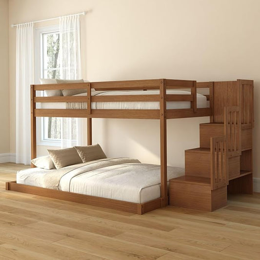 Grain & Grove Bear Twin Over Full Low Bunk Bed with Staircase, Solid Guardrails, Reversible Stairs, Engineered Wood, Oak Embossed Pecan