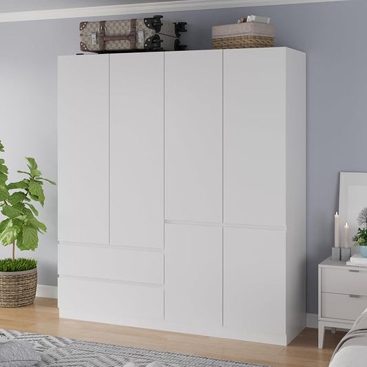 Mekminop Armoire Wardrobe Closet with Drawers and Shelves, 4 Door 2 Drawers White Bedroom Armoires, Modern Wooden Wardrobe with Hanging Rod, 20.39" D x 63" W x 78.74" H