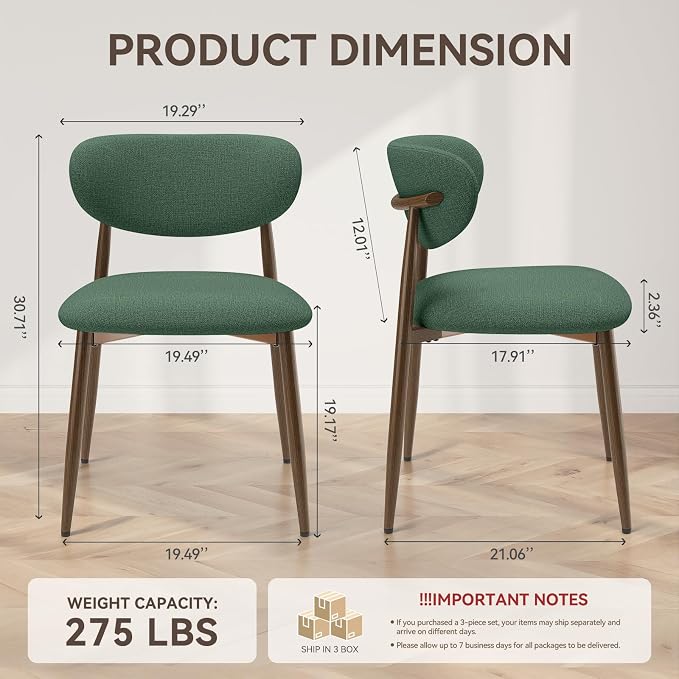MALOL Dining Chairs Set of 6, Curved Back Kitchen Room Chairs with Metal Legs and Anti Slip Pads, Upholstered Dining Chair for Home and Restaurant, Green