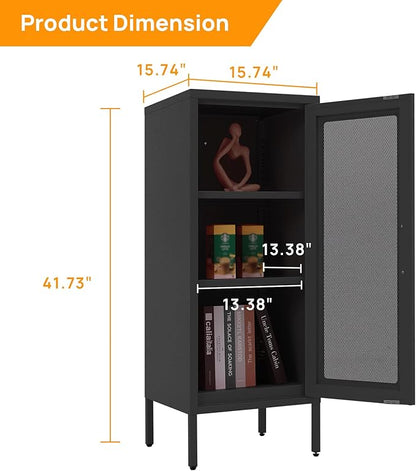 Slim Metal Storage Cabinet with Mesh Doors - 42'' Tall Narrow Organizer Tower, Compact Freestanding Cabinet, Versatile Utility Storage for Home, Office, Kitchen, Living Room, Durable and Modern Design