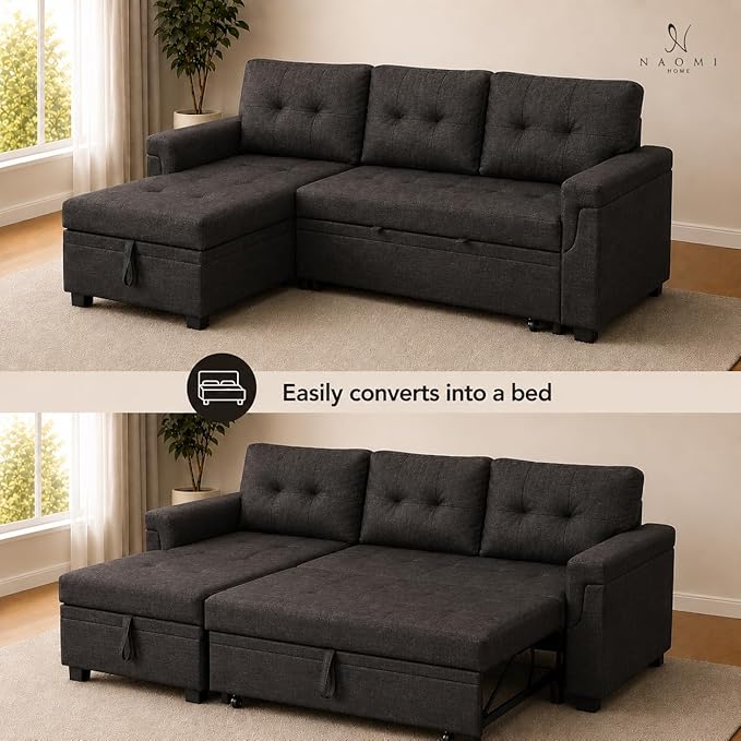 Naomi Home 84" L-Shaped Sectional Sleeper Sofa with Pull Out Bed | Sleeps guests comfortably, stores essentials in chaise & saves space, Velvet, Espresso convertible sofa bed
