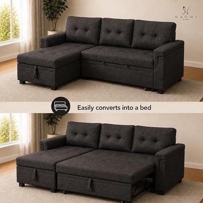 Naomi Home 84" L-Shaped Sectional Sleeper Sofa with Pull Out Bed | Sleeps guests comfortably, stores essentials in chaise & saves space, Velvet, Espresso convertible sofa bed