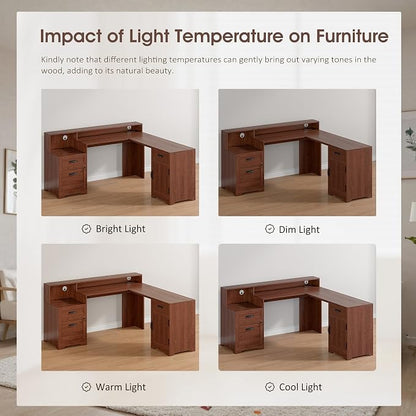 Whalefall 63'' Farmhouse L Shaped Desk with Monitor Stand Shelves, Brown | Corner Computer Desk with Drawers, Executive Home Office L Desk with File Cabinet Storage and Charging Station