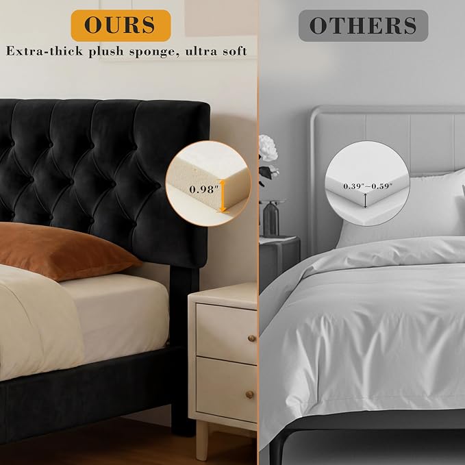 Vipbear King Bed Frame, Velvet Fabric Upholstered Platform Bed with Button Tufted Headboard, Strong Wooden Slats Support, Noise Free, Easy Assembly, Adjustable Headboard, No Box Spring Needed, Black | Plush velvet