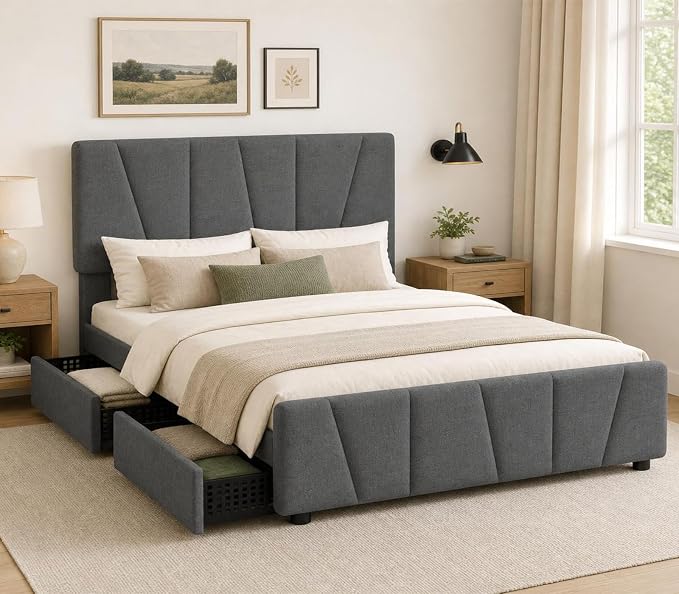 Queen Size Bed Frame with Upholstered Headboard & 4 Storage Drawers with Wheels, Platform Bed Frame with Wooden Slat Support, Adjustable Headboard, No Box Spring Needed, Noise-Free, for Bedroom