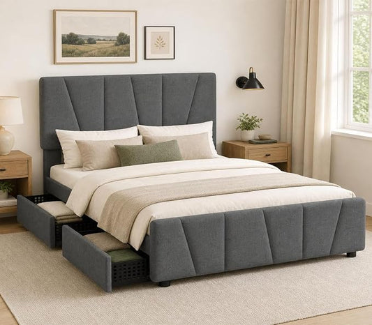 Queen Size Bed Frame with Upholstered Headboard & 4 Storage Drawers with Wheels, Platform Bed Frame with Wooden Slat Support, Adjustable Headboard, No Box Spring Needed, Noise-Free, for Bedroom