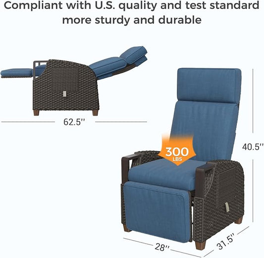 Grand patio Outdoor Recliner with Independent Adjustable Back and Footrest, Air Pump 150° Lay Flat Reclining Chair Removable Olefin Cushion Flip-Up Table Wicker Peacock Blue 1PC