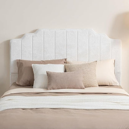 King Headboard Only - Beige Velvet Upholstered Headboard for Bed, No Assembly Required, Pure Sponge Design, Comfort Head Board, Place Between Bed & Wall, Vertical Stripe with Stepped Crown Top Edge
