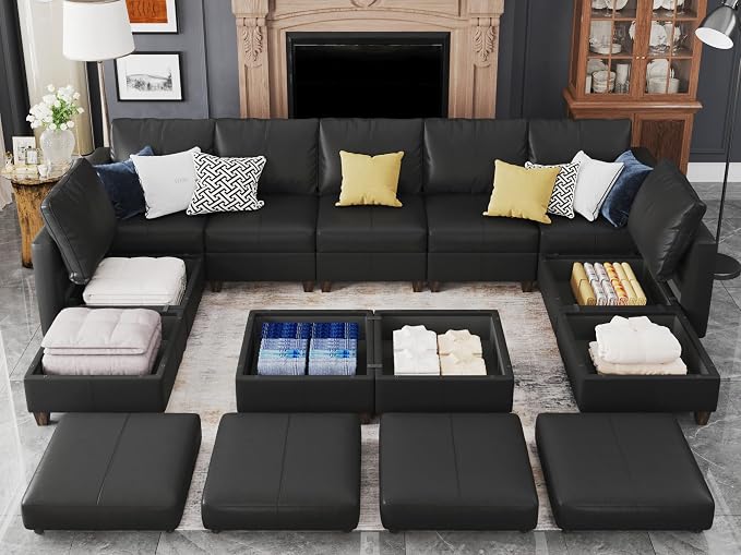 EASE MOOSE Faux Leather Sectional, Large Modular Sofa Couch U Shaped Sectional Couch with Storage Ottomans, Black