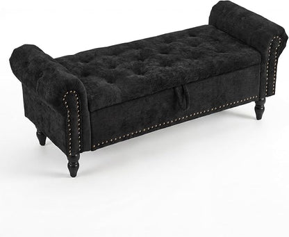 Furniliving 51” End of Bed Storage Bench, Bedroom Bench with Button-Tufted, Upholstered Storage Ottoman Benches Window Bench with Storage, Chenille Bench for Living Room, Entryway, Black