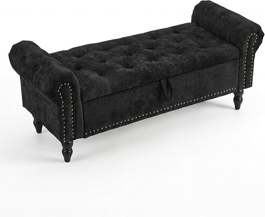 Furniliving 51” End of Bed Storage Bench, Bedroom Bench with Button-Tufted, Upholstered Storage Ottoman Benches Window Bench with Storage, Chenille Bench for Living Room, Entryway, Black