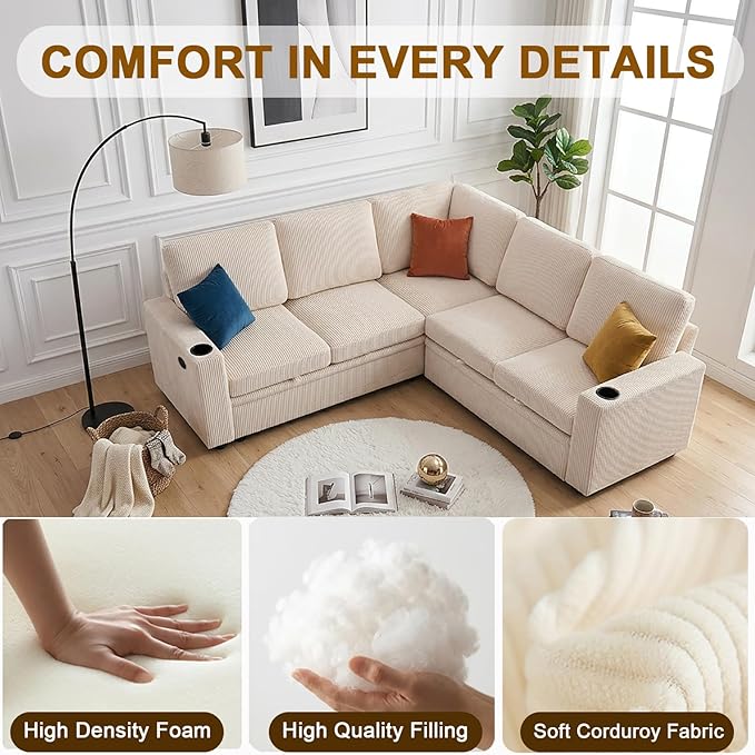 ROCANT 84 inch Modular Sectional Couch with Pull Out Bed, 5-Seat L-Shaped Corduroy Sleeper Sofa with Reversible Chaise, Built-in Storage, USB Port and Cup Holders