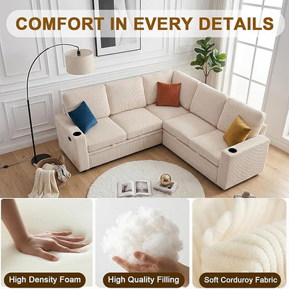 ROCANT 84 inch Modular Sectional Couch with Pull Out Bed, 5-Seat L-Shaped Corduroy Sleeper Sofa with Reversible Chaise, Built-in Storage, USB Port and Cup Holders