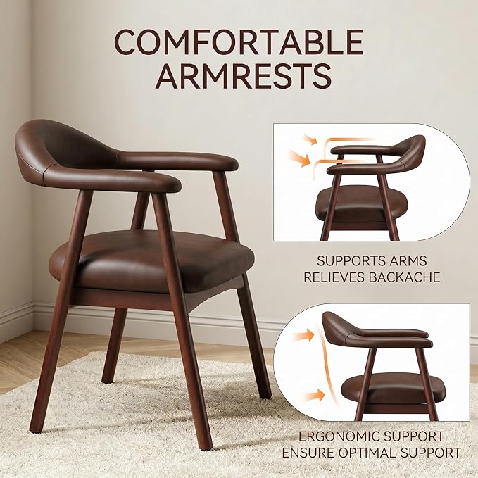 MALOL Leather Dining Chair with Armrest Set of 6, Upholstered Dining Room Chair with Curved Back and Wood Legs, Mid Century Modern Kitchen Chairs for Kitchen Dining Room,Dark Brown