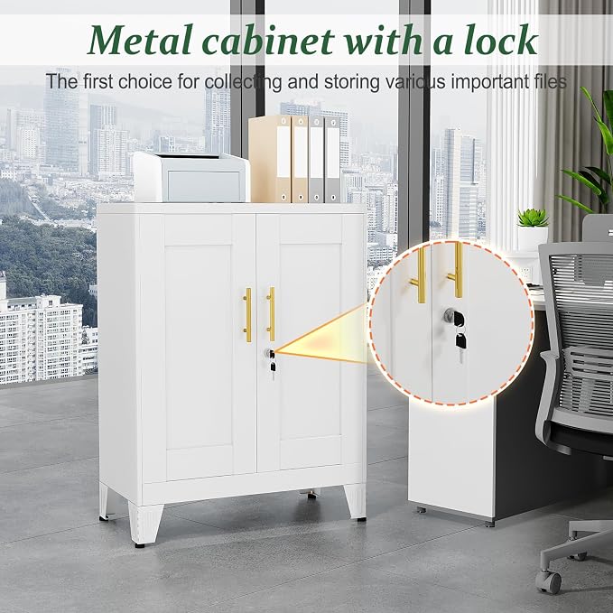 White Metal Storage Cabinet, 36" Tall Locking Storage Cabinet, 14”D | with 2 Adjustable Shelves, Steel Locker Organizer, Metal Freestanding Buffet Cupboards Sideboard for Office, Home, School,2PS