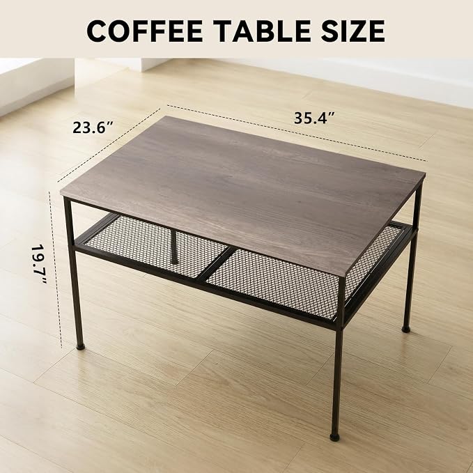 SENIG 2-Tier Coffee Table 35.4" with Iron-Mesh Storage Shelf, Grey Oak | Industrial Wood and Metal Center Table for Home Office Kitchen 35.4" L x 23.6" W