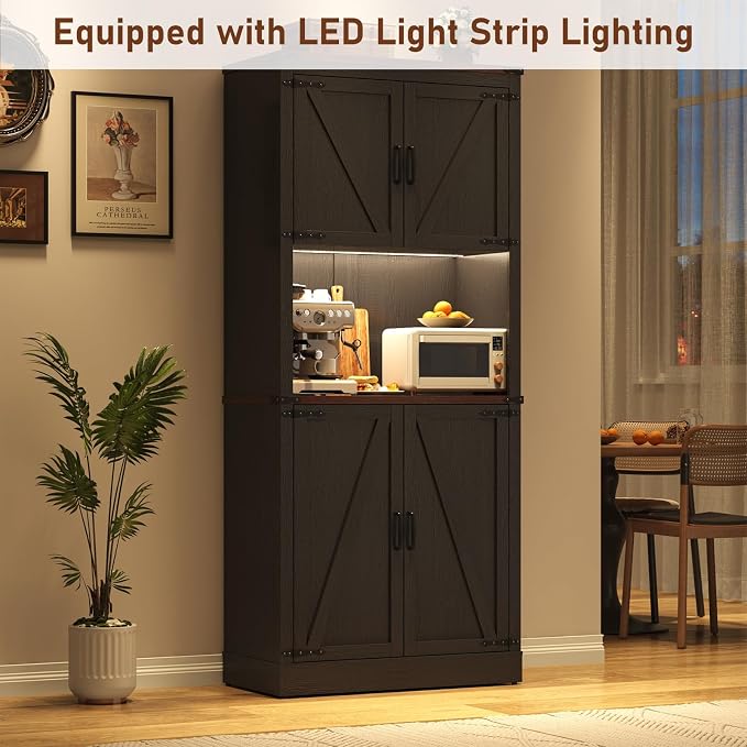 72" Tall Farmhouse Kitchen Pantry Cabinet with LED Light and Power Outlet,Modern Farmhouse Kitchen Storage Cabinet w Load-Bearing Steel Pipe,Barn Doors, Organizer,Food Pantry Cabinets(2PC Black)