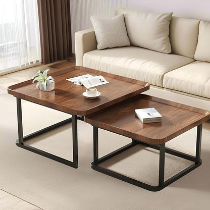 Nesting Coffee Table Set of 2, 23.6"+19.7" Nesting Tables,Small Square Coffee Table with Fluted,Center Table for Living Room Bedroom Office Balcony Yard (Walnut)