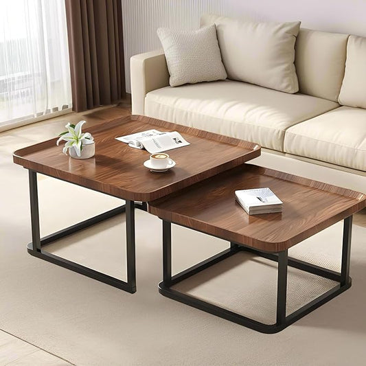 Nesting Coffee Table Set of 2, 23.6"+19.7" Nesting Tables,Small Square Coffee Table with Fluted,Center Table for Living Room Bedroom Office Balcony Yard (Walnut)