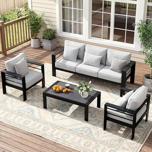 Solaste Aluminum Patio Furniture Set for All Weather, Oversized Metal Outdoor Furniture Set with 27.5" Deep Seating and 3.2" Wide Armrest, Patio Conversation Set with 5" Cushion, Black and Grey