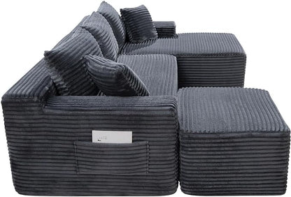 106-Inch Oversized U-Shaped Right Facing Corner Compressed Sofa Modular Boneless Cloud Sectional Sofa Floor Foam Couch W/Chaise & Ottoman, Corduroy Corner Boneless Cloud Couch