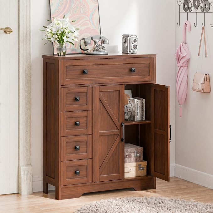Vabches Farmhouse Storage Cabinet with 2 Doors and 5 Drawers, Freestanding Bathroom Cabinets Kitchen Pantry, Floor Storage Cabinet Hutch Cupboard for Living Room/Bathroom/Kitchen. Walnut