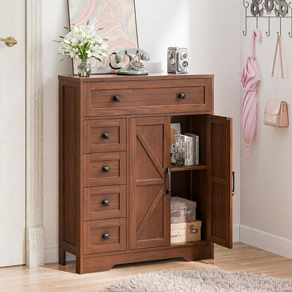 Vabches Farmhouse Storage Cabinet with 2 Doors and 5 Drawers, Freestanding Bathroom Cabinets Kitchen Pantry, Floor Storage Cabinet Hutch Cupboard for Living Room/Bathroom/Kitchen. Walnut