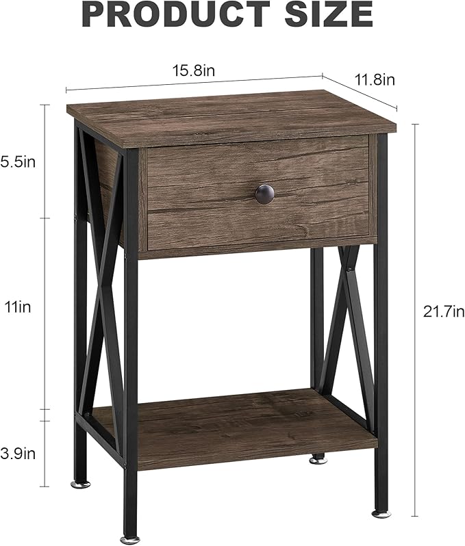 VECELO Nightstand,Modern Bedside End Table, Night Stand with Drawer and Storage Shelf for Living Room Bedroom, Industrial Metal Frame