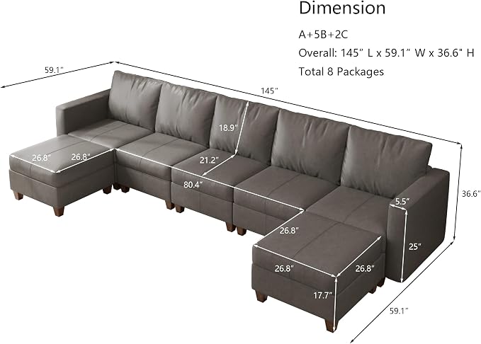 EASE MOOSE Faux Leather Sectional, Modular Sectional Sofa with Storage, Faux Leather Modular U Shaped Couches for Living Room, Grey