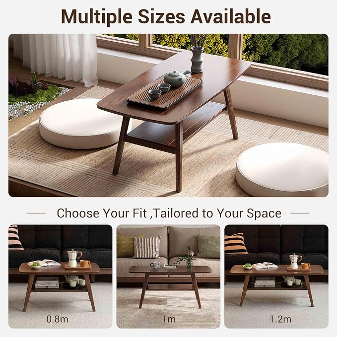 100% Solid Wood Coffee Table for Living Room, 39.37" Mid Century Modern Tables with Shelf Storage, 2-Tier Coffee Table with Rounded Corners (Oak Wood Walnut Color, 39.37" L)