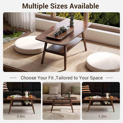 100% Solid Wood Coffee Table for Living Room, 39.37" Mid Century Modern Tables with Shelf Storage, 2-Tier Coffee Table with Rounded Corners (Oak Wood Walnut Color, 39.37" L)