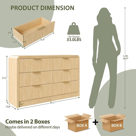 Decofy Fluted Drawers Dresser for Bedroom, Wood Dressers with Gold Handles, Modern Dressers with Wave Texture, Large Storage Chest of Drawers, Bedroom Dresser Organizer 55'' & 6 Drawers (Natural Oak)