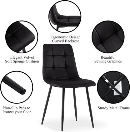 NORDICANA Black Dining Chairs Set of 4, Modern Kitchen & Dining Room Chairs for 4, Upholstered Velvet Cushion Seat and Metal Legs (4 Black Chairs)