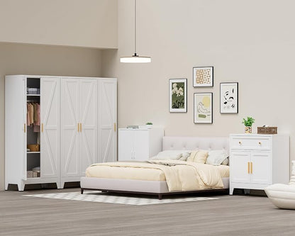 COFaR 71 Farmhouse Metal Wardrobe Closet with Hanging Rod, 2 Barn Doors, Adjustable Shelves, Steel Armoire with Drawer for Home, Bedroom White