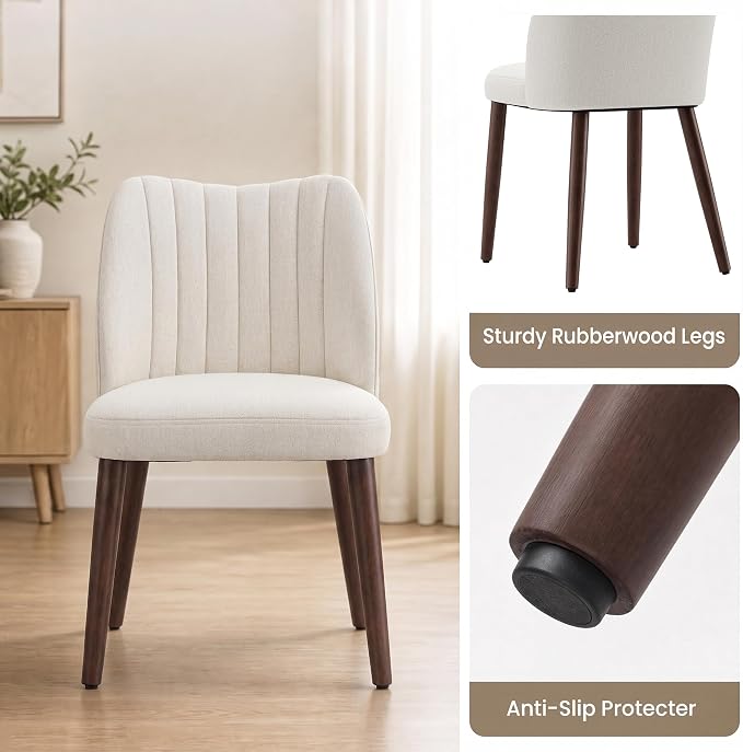 Upholstered Dining Chairs Set of 2, Modern Fabric Dining Chairs with Curved Backrest & Solid Rubber Wood Legs, Padded Kitchen Dining Room Chairs for Restaurant Cafe, Beige