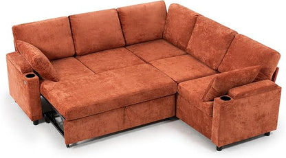 85" Chenille Sectional Sofa w/Pull Out Bed & Storage Space, Orange | Upholstery L Shaped Couch w/Cup Holders, Modern Corner Sofa w/USB Charging Port & Throw Pillow for Living Room