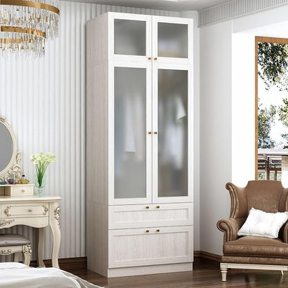 MOUMON Tall Wardrobe with Drawers, Modern Bedroom Armoires with Frosted Glass Doors and Hanging Rod, Armoire Wardrobe Closet with Gold Knobs, Wood Grain 31.5" W x 19.9" D x 86.6" H