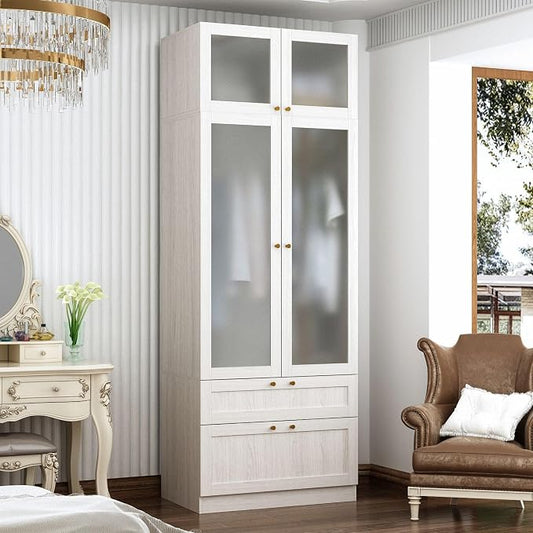 MOUMON Tall Wardrobe with Drawers, Modern Bedroom Armoires with Frosted Glass Doors and Hanging Rod, Armoire Wardrobe Closet with Gold Knobs, Wood Grain 31.5" W x 19.9" D x 86.6" H