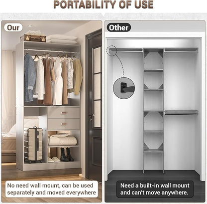 Armocity Closet System with Suitcase Storage, 40 Inches Stand-alone Wardrobe with 2 Wood Drawers, 80'' Height Adjustable Cloth Garment Rack, Walk-in Closet with Hanging Rod, Grey