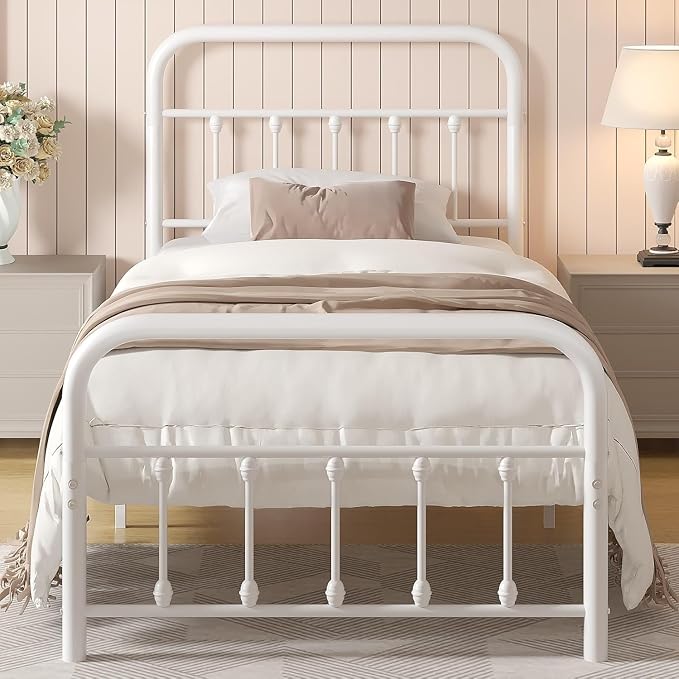 VECELO Twin Size Sturdy Metal Platform Bed Frame Classic Victorian Style Bed Frame with Headboard and Footboard Under Bed Storage No Box Spring Needed White