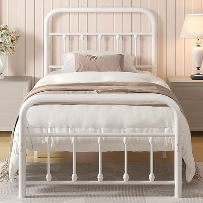VECELO Twin Size Sturdy Metal Platform Bed Frame Classic Victorian Style Bed Frame with Headboard and Footboard Under Bed Storage No Box Spring Needed White