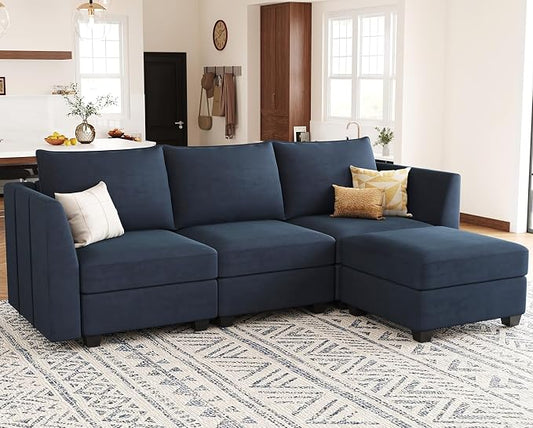 Belffin Convertible Sectional Sofa with Chaise Velvet L Shaped Sofa Couch Modular Sectional Sofa with Storage Blue