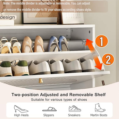 Fsbecl Shoe Storage Cabinet for Entryway with 2 Flip Drawers, Narrow Wood Shoe Cabinet with Fluted Panel, Freestanding Hidden Shoe Organizer for Foyer, Hallway (White - with Shelf)