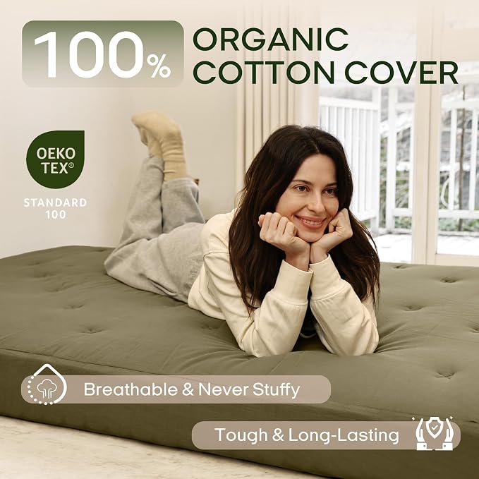 ZonLi Japanese Floor Futon Mattress King Size 76"x80"100% Cotton Cover 6'' Thicken Tatami Mattress,Foldable Sleeping Pad,Portable Dormitory Tatami Mat,Roll Up Floor Lounger Bed for Adult (Winter Moss)