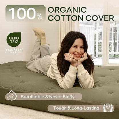 ZonLi Japanese Floor Futon Mattress King Size 76"x80"100% Cotton Cover 6'' Thicken Tatami Mattress,Foldable Sleeping Pad,Portable Dormitory Tatami Mat,Roll Up Floor Lounger Bed for Adult (Winter Moss)
