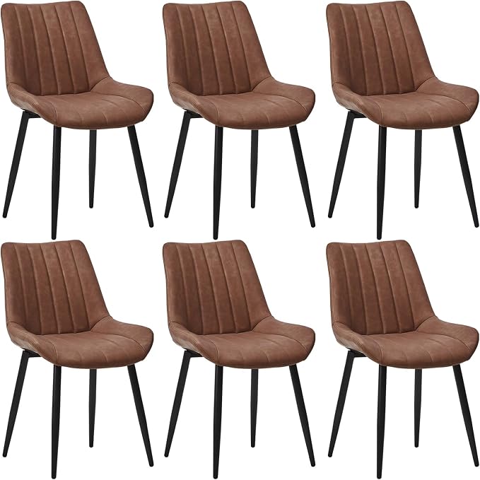 CLIPOP Dining Chairs Set of 6, Faux Leather Dining Chairs with Upholstered Seat, High Back Comfy Cushion, Metal Leg, Accent Kitchen Side Chair for Living, Restaurant & Meeting Room, Brown
