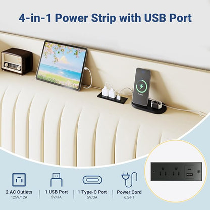 Allewie King Size Platform Bed Frame with USB Charging Station and Storage Shelf/Upholstered Velvet Wingback Headboard/Wooden Slats Support/No Box Spring Needed/Easy Assembly, Cream