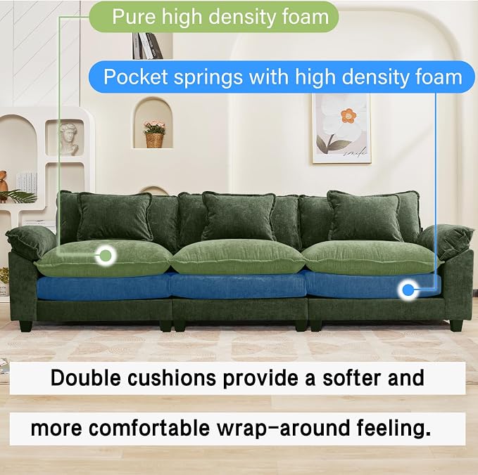 Oprisen 120" Modular Sectional Sofa, Comfy Cloud Couch Sectional, Chenille Sofa Sleeper Deep Seat Sofa with Throw Pillows for Living Room (Green, 120"- 3 Seater)